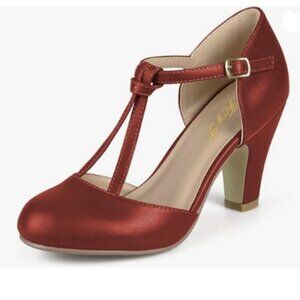 FOWT Women T-Strap Mid Kitten Heel Pumps Round Toe Slim Ankle Strap Buckled Red
